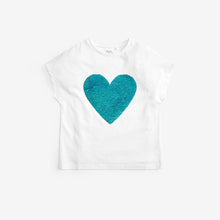 Load image into Gallery viewer, White/Blue Shiny Sequin Heart T-Shirt (3-12yrs)
