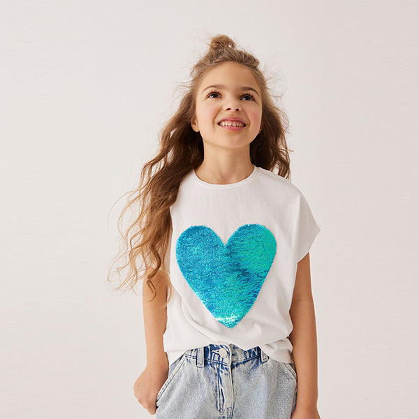 White/Blue Shiny Sequin Heart T-Shirt (3-12yrs)