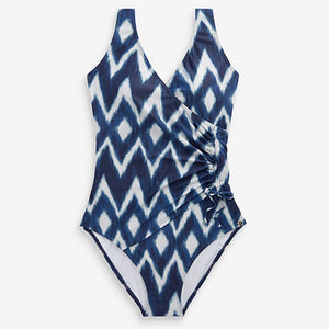 Navy Zigzag Ruched Side Tummy Control Swimsuit
