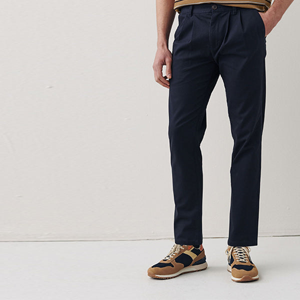 Navy Blue Twin Pleat Slim Fit  Stretch Chino Trousers