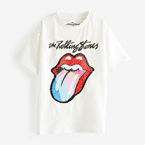 Ecru White Rainbow Sequin Rolling Stones T-Shirt (3-12yrs)