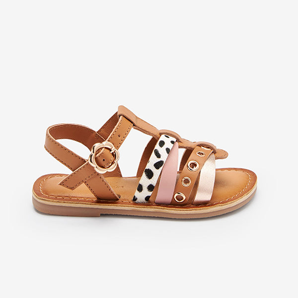 Tan Brown Animal Leather Cross Strap Sandals (Younger Girls)