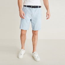 Load image into Gallery viewer, Light Blue Oxford Straight Fit Belted Chino Shorts With Stretch
