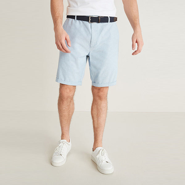 Light Blue Oxford Straight Fit Belted Chino Shorts With Stretch