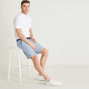 Light Blue Oxford Straight Fit Belted Chino Shorts With Stretch