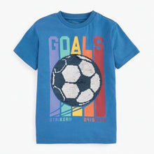 Load image into Gallery viewer, Blue Football Flippy Sequin Short Sleeve T-Shirt (3-12yrs)
