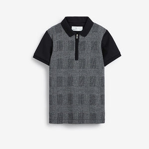 Charcoal Grey Check Zip Neck Short Sleeve Polo Shirt (3-12yrs)