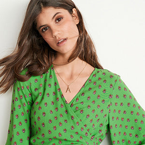Green Print Wrap Maxi Summer Dress