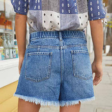 Load image into Gallery viewer, Blue Ripped High Waist Raw Hem Denim Shorts
