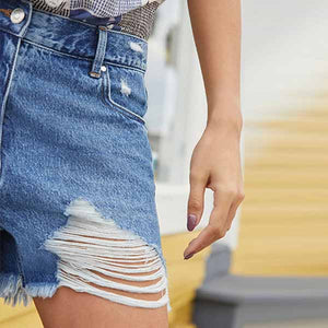 Blue Ripped High Waist Raw Hem Denim Shorts