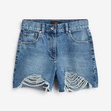 Load image into Gallery viewer, Blue Ripped High Waist Raw Hem Denim Shorts
