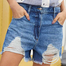 Load image into Gallery viewer, Blue Ripped High Waist Raw Hem Denim Shorts
