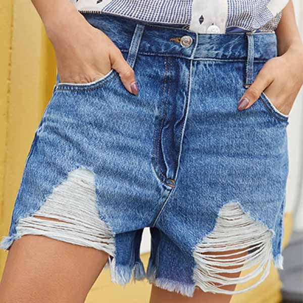 Blue Ripped High Waist Raw Hem Denim Shorts