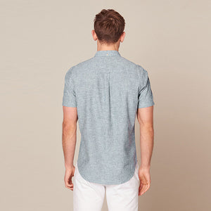 Blue Cotton Linen Blend Short Sleeve Shirt