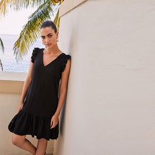 Load image into Gallery viewer, Black Linen Mix Tie Back Mini Dress
