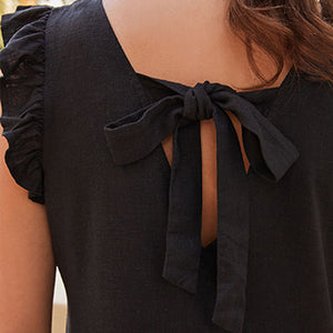 Black Linen Mix Tie Back Mini Dress