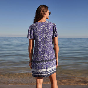 Blue Print Linen Blend Kaftan Summer Dress