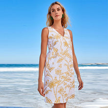 Load image into Gallery viewer, Ecru White Floral Linen Blend Summer Shift Dress
