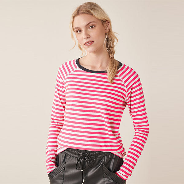 White/Pink Stripe Raglan Long Sleeve Top