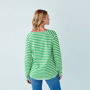 White/Green Stripe Raglan Long Sleeve Top