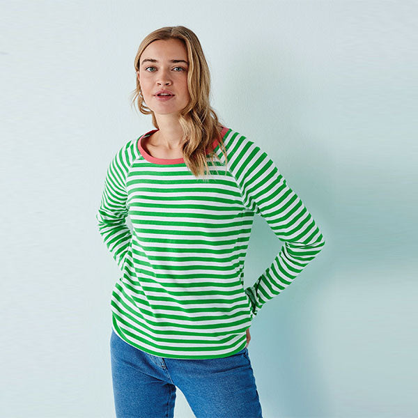 White/Green Stripe Raglan Long Sleeve Top