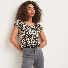 Load image into Gallery viewer, Brown Animal Print Short Sleeve Scoop V-Neck
