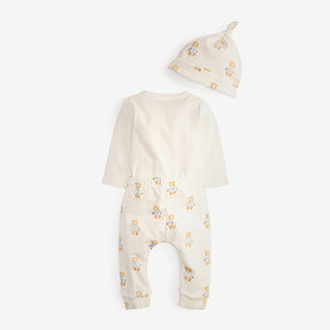 White Baby 3 Piece Bear Print Bodysuit, Leggings and Hat Set (0mth-18mths)