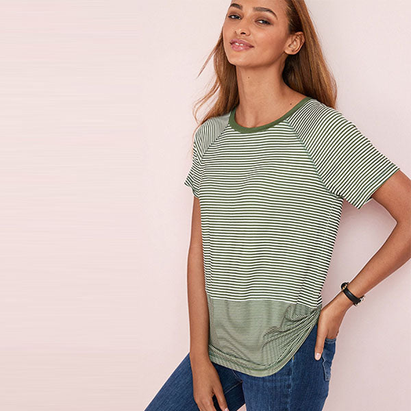 Khaki Green Stripe Short Sleeve Raglan T-Shirt