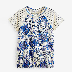 Cream/Blue/ Paisley Print Bubblehem Raglan T-Shirt