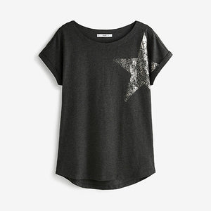 Charcoal Sparkly Foil Print Star Short Sleeve T-Shirt