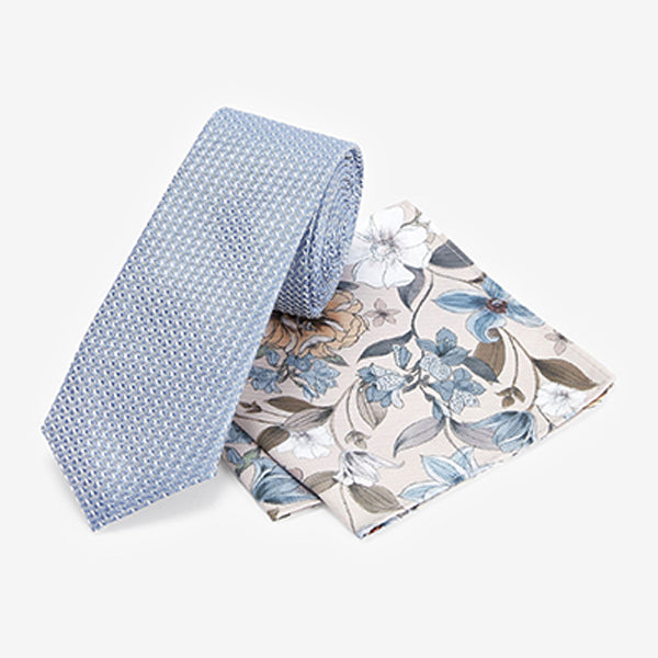 Light Blue/Brown Floral Slim Tie And Pocket Square Set