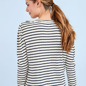 Navy Blue/White Stripe Pointelle Long Sleeve Top