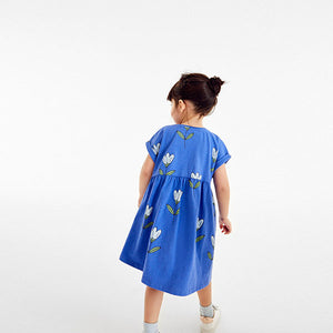 Blue Tulip Print Short Sleeve Jersey Dress (3mths-6yrs)