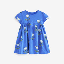 Load image into Gallery viewer, Blue Tulip Print Short Sleeve Jersey Dress (3mths-6yrs)
