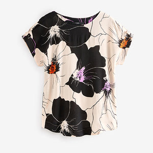Cream and Black Floral Boxy T-Shirt