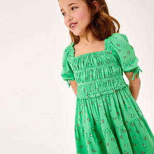 Green Ditsy Printed Shirred Dress (3-12yrs)