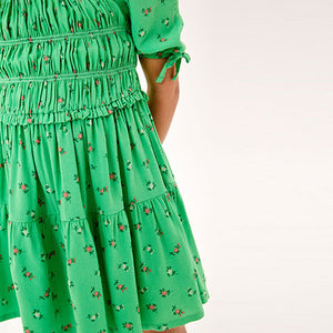 Green Ditsy Printed Shirred Dress (3-12yrs)