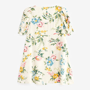 Cream Floral Shirred Sleeve Dress (3-12yrs)