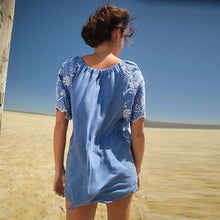 Load image into Gallery viewer, Blue/White Kaftan Broderie Short Sleeve Top
