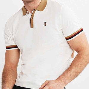 White/Tan Brown Tipped Regular Fit Pique Polo Shirt