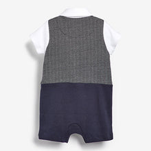 Load image into Gallery viewer, Grey/White Smart Bow Tie And Waistcoat Romper (0mths-18mths)
