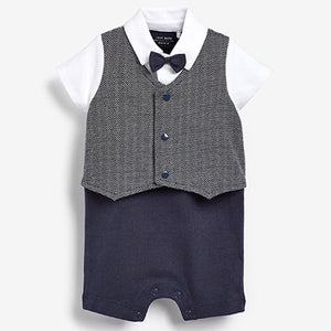 Grey/White Smart Bow Tie And Waistcoat Romper (0mths-18mths)