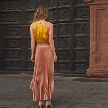 Load image into Gallery viewer, Pink/Yellow Satin Wrap Front Pleated Midi Dress
