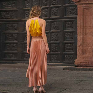 Pink/Yellow Satin Wrap Front Pleated Midi Dress