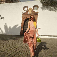 Load image into Gallery viewer, Pink/Yellow Satin Wrap Front Pleated Midi Dress
