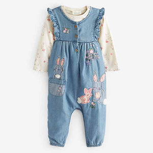 Blue Denim Bunny Appliqué Baby Dungarees With Matching Bodysuit (0mths-18mths)