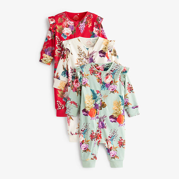Green/Red Floral Pack Footless Sleepsuits With Zip (0-18mths)