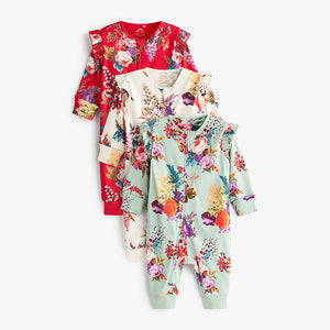 Green/Red Floral 3 Pack Footless Sleepsuits With Zip (0-18mths)