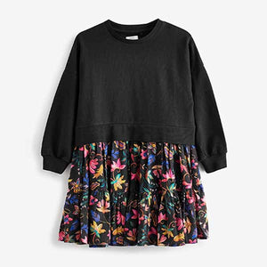 Black Bright Floral Long Sleeve Sweat Dress (3-12yrs)