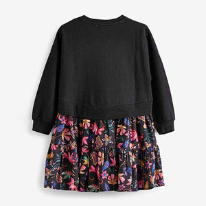 Black Bright Floral Long Sleeve Sweat Dress (3-12yrs)